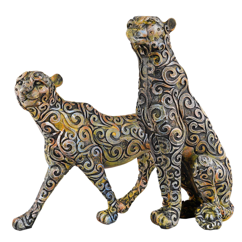 Handmade Colorful Leopard Figurines Set – Artistic Resin Cheetah Statues with Intricate Carved Patterns for Modern Home Décor Set Of Two (BLACKLUXE CRAFTS) - BLACKLUXECRAFTS