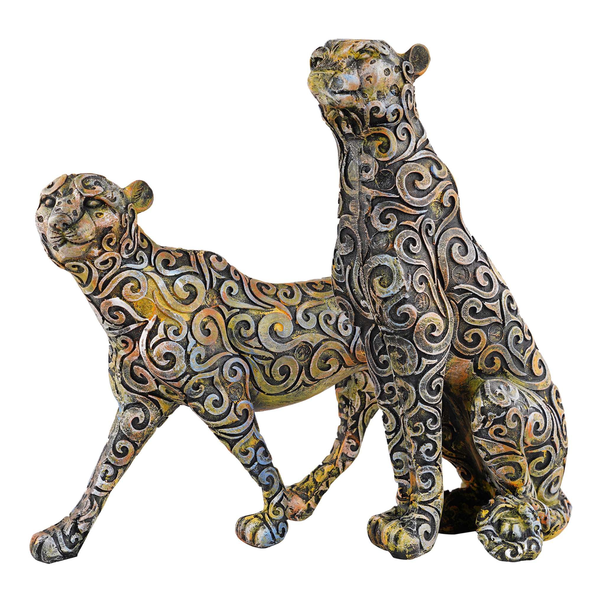 Handmade Colorful Leopard Figurines Set – Artistic Resin Cheetah Statues with Intricate Carved Patterns for Modern Home Décor Set Of Two (BLACKLUXE CRAFTS) - BLACKLUXECRAFTS