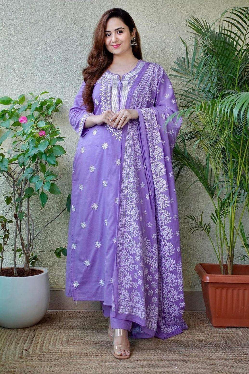 Elegant Lavender Cotton Anarkali Kurta Set with Dupatta – Hand Embroidered Ethnic Wear for Women (BLACKLUXE CRAFTS) - BLACKLUXECRAFTS