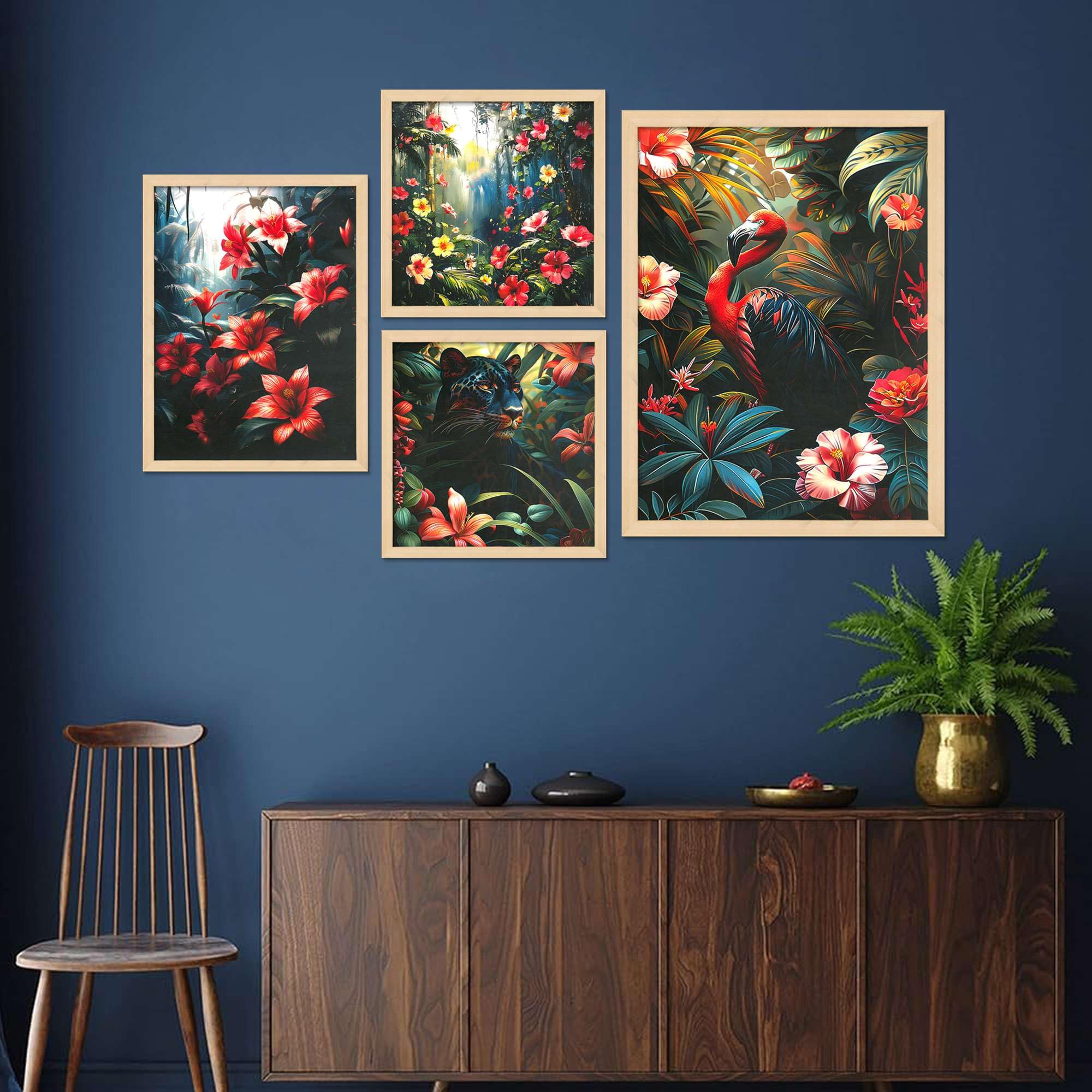 Tropical Jungle Wall Art Set of 4 | Exotic Bird, Panther & Floral Canvas Prints | Vibrant Rainforest Theme Home Decor for Living Room, Bedroom & Office ( 36X24 Inches ) (BLACKLUXE CRAFTS) - BLACKLUXECRAFTS