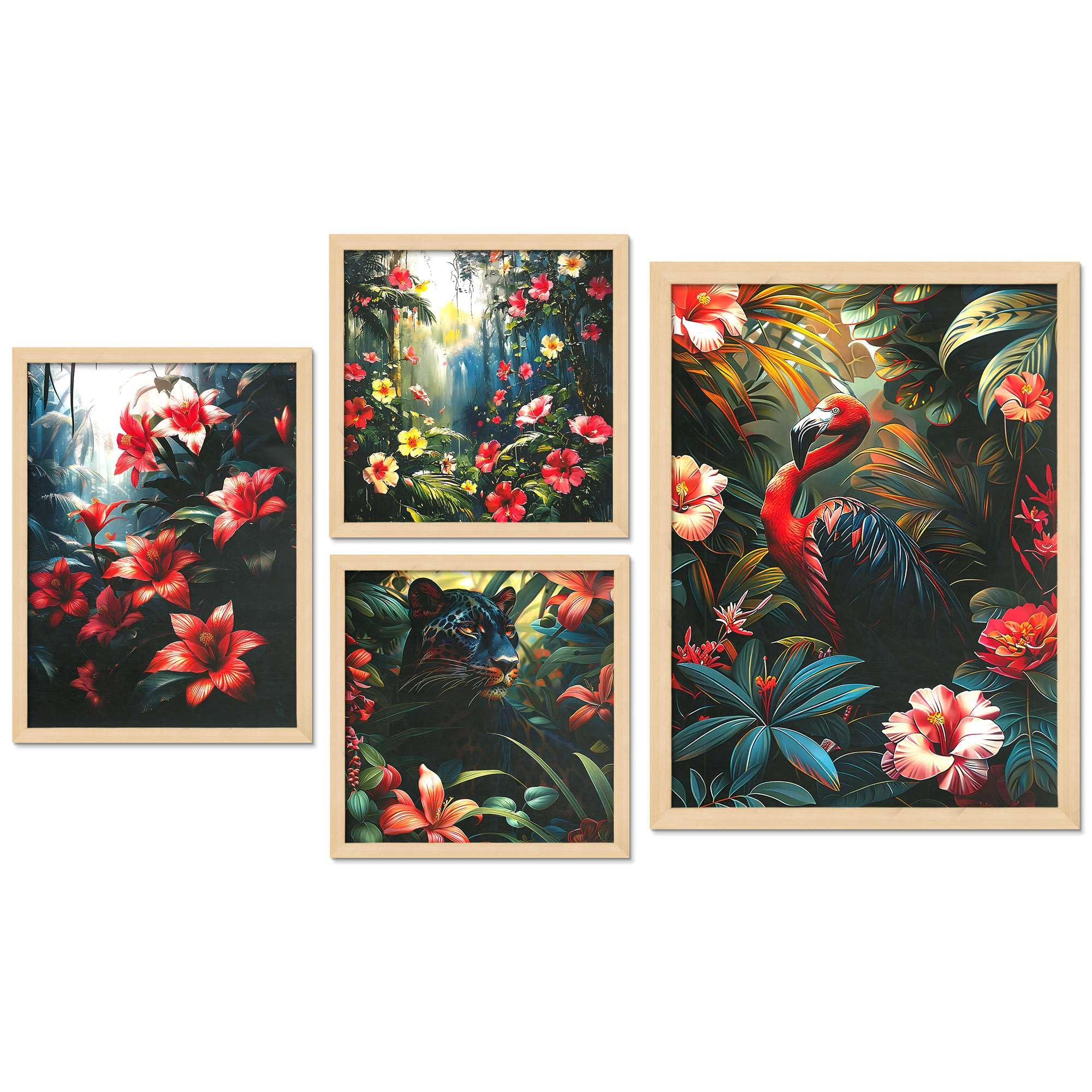 Tropical Jungle Wall Art Set of 4 | Exotic Bird, Panther & Floral Canvas Prints | Vibrant Rainforest Theme Home Decor for Living Room, Bedroom & Office ( 36X24 Inches ) (BLACKLUXE CRAFTS) - BLACKLUXECRAFTS