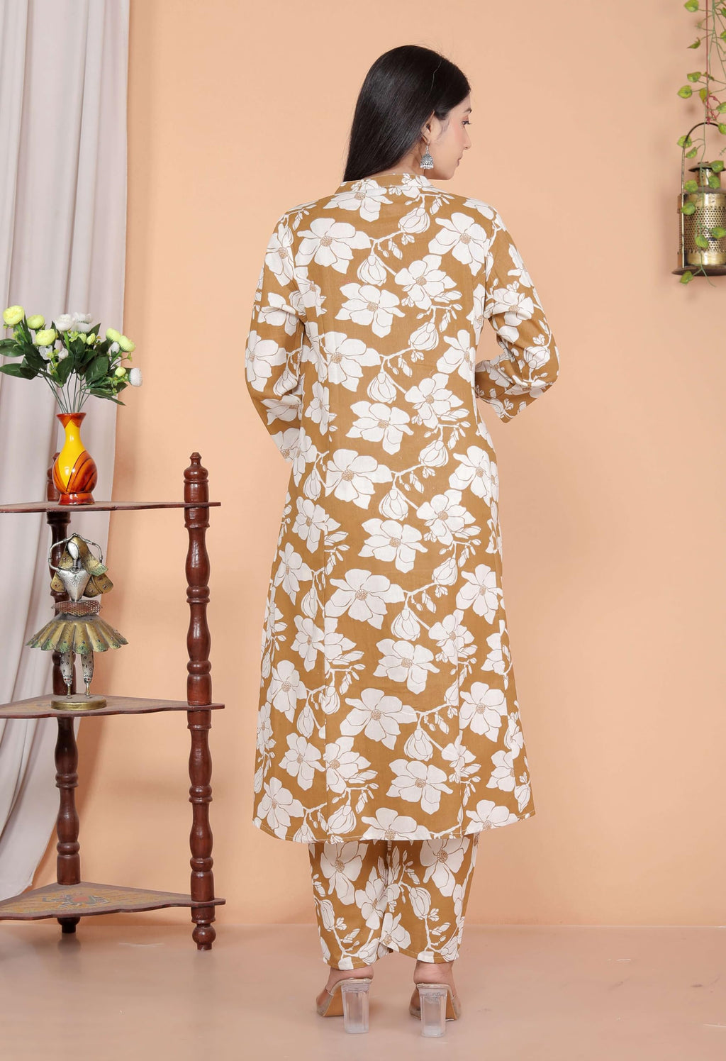 Women's Cotton Floral Printed Mandarin Collar A-Line Kurti with Pant (Brown) (BLACKLUXE CRAFTS) - BLACKLUXECRAFTS