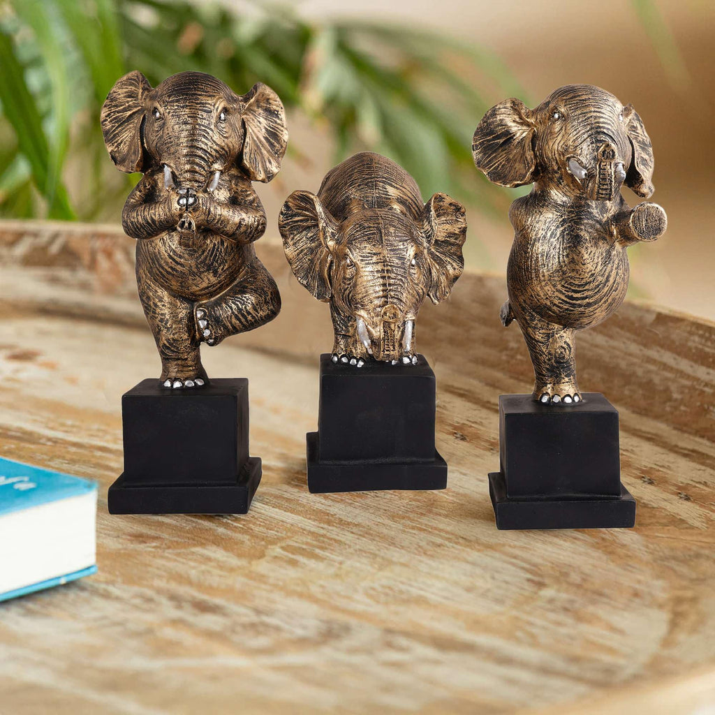 Handmade Yoga Elephant Figurine Set – Bronze Finish Resin Elephant Statues for Meditation, Good Luck & Home Décor (Set Of 3) (BLACKLUXE CRAFTS) - BLACKLUXECRAFTS