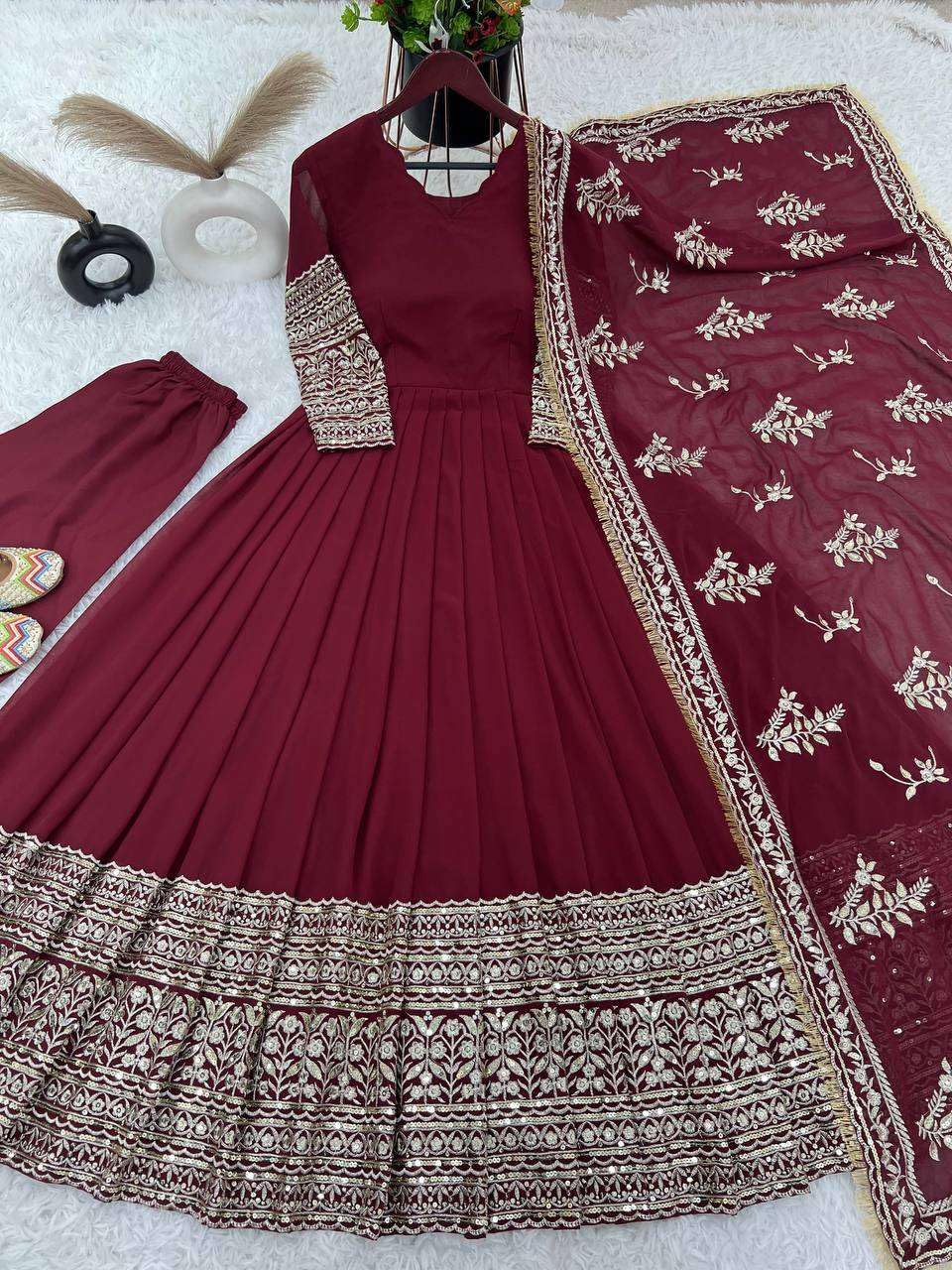 Maroon Anarkali Gown with Heavy Golden Embroidery & Dupatta | Designer Indian Pakistani Wedding Dress for Women (BLACKLUXE CRAFTS) - BLACKLUXECRAFTS