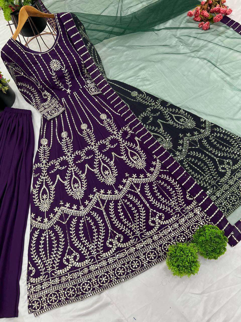 Women's Faux Georgette Embroidery Sequence Work Anarkali Kurti with Palazzo and Dupatta Set (BLACKLUXE CRAFTS) - BLACKLUXECRAFTS