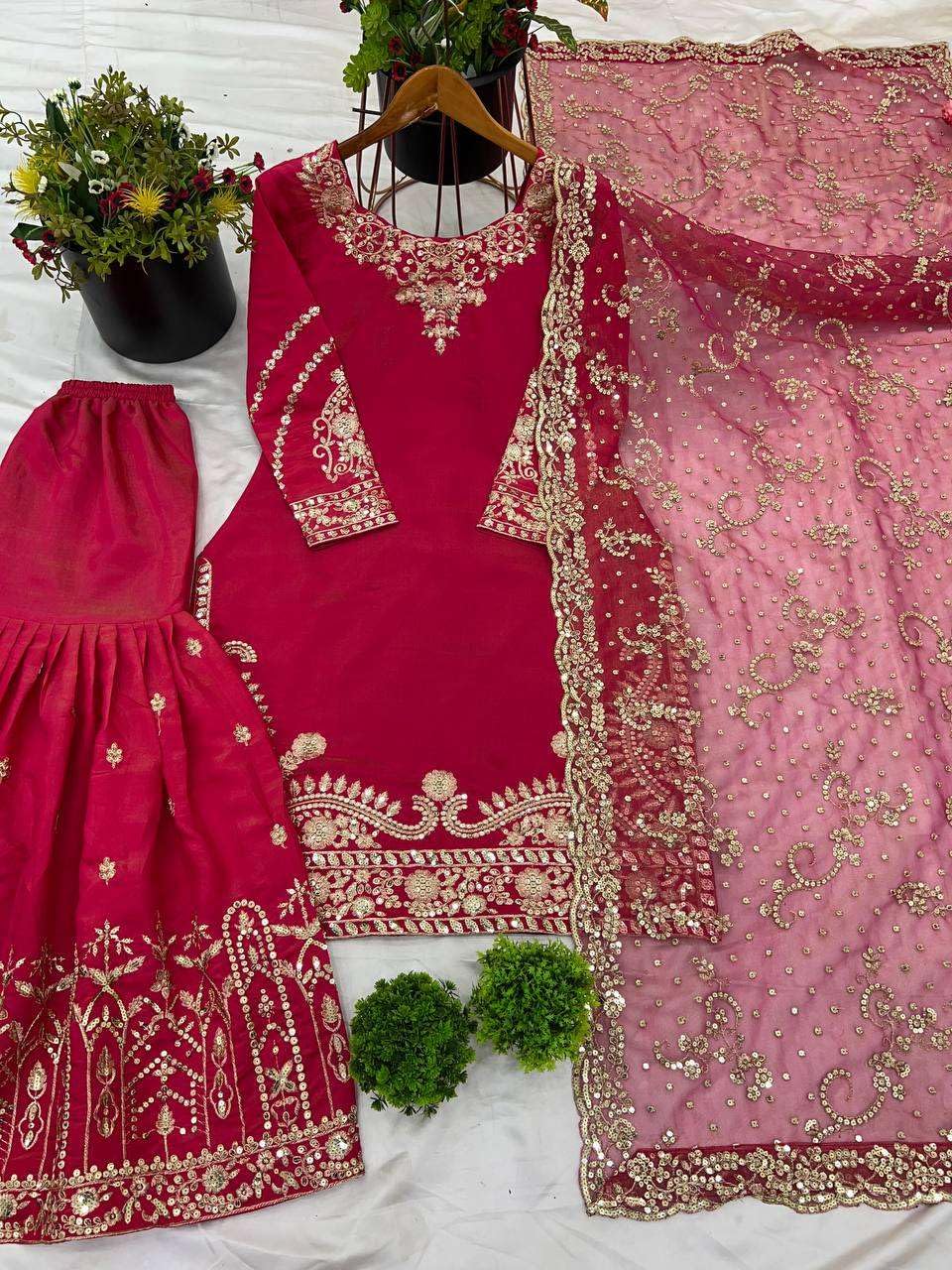Women's Pure Simmer Silk Embroidery and Sequence Work Straight Kurta With Sharara & Dupatta Set (BLACKLUXE CRAFTS) - BLACKLUXECRAFTS