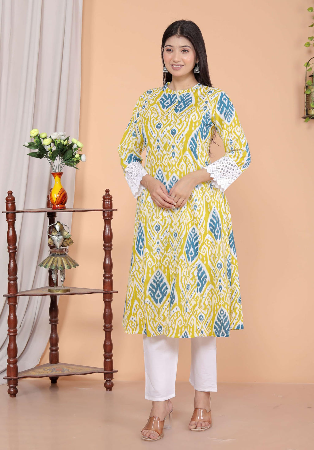 Women's Cotton Printed Mandarin Collar A-Line Kurti with Pant (Lemon) (BLACKLUXE CRAFTS) - BLACKLUXECRAFTS