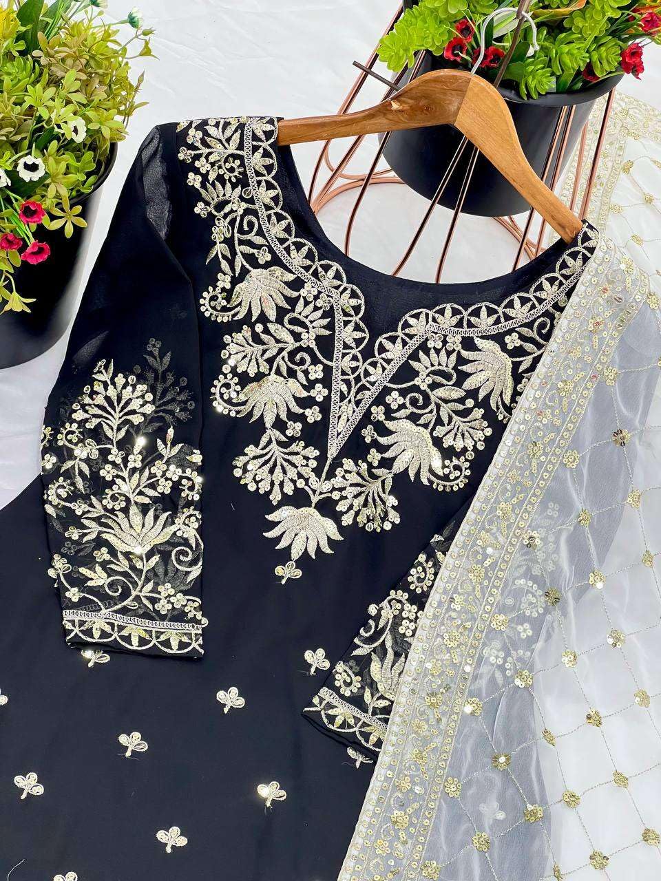 Women's Faux Georgette Embroidered Kurti With Sharara & Dupatta Set with Lace Border (BLACKLUXE CRAFTS) - BLACKLUXECRAFTS
