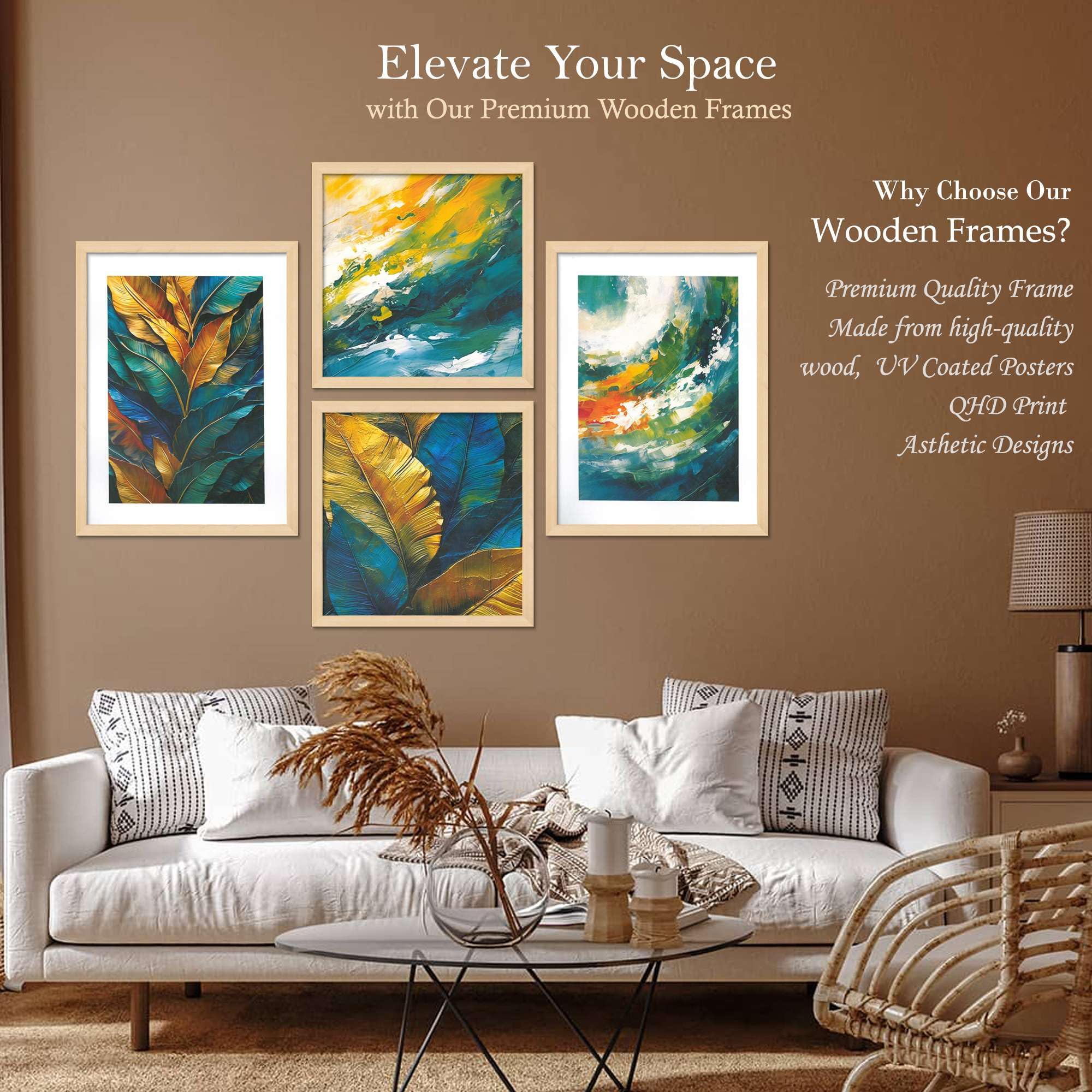 Abstract Leaf & Ocean Wall Art Set – Modern Nature Canvas Prints in Blue, Green & Gold | Luxury Home Décor for Living Room, Bedroom & Office | Handmade in India ( 36X24 Inches ) (BLACKLUXE CRAFTS) - BLACKLUXECRAFTS