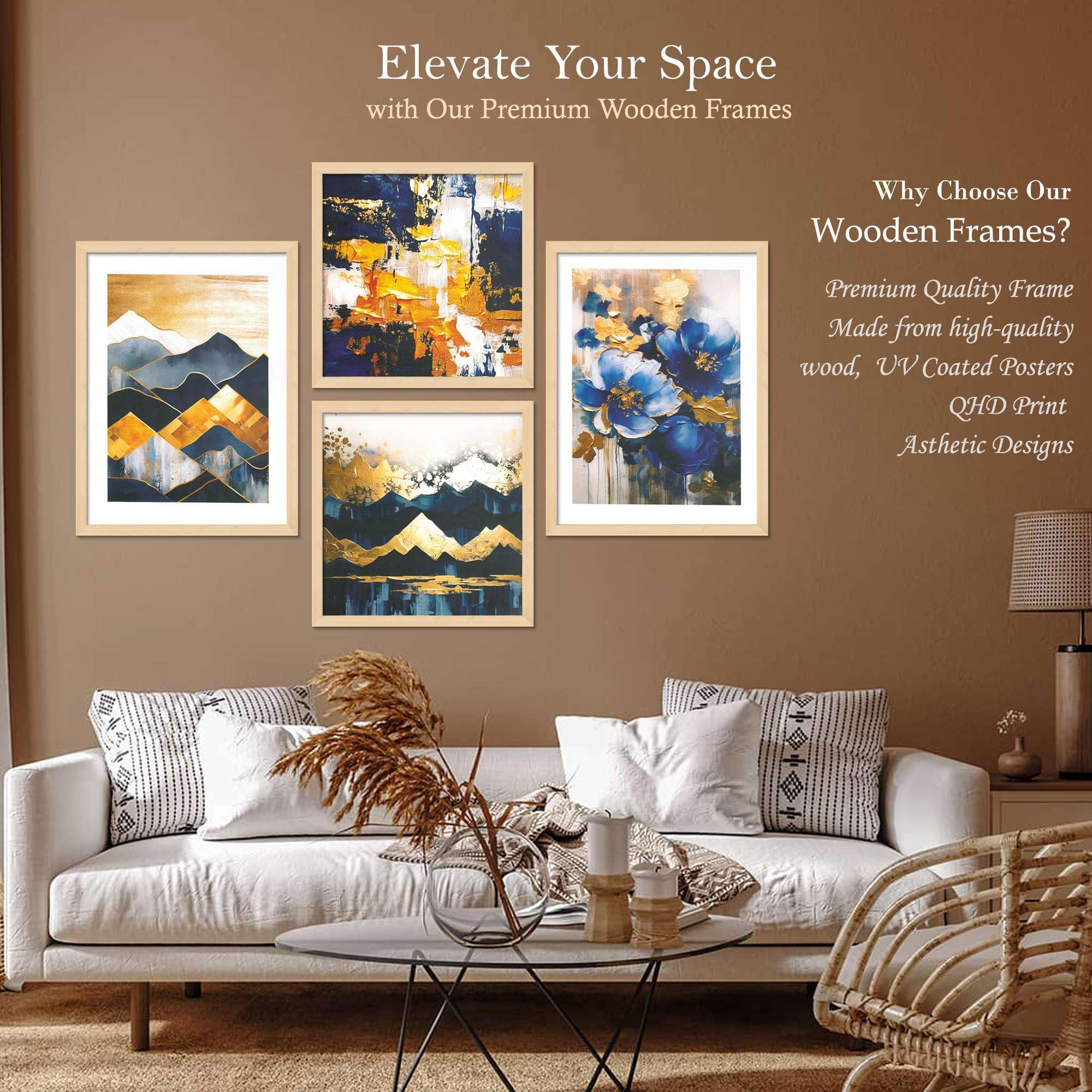 Abstract Blue & Gold Wall Art Prints – Modern Mountain & Floral Canvas Painting Set for Living Room, Bedroom & Office Décor | Handmade Art from India ( 36X24 Inches ) (BLACKLUXE CRAFTS) - BLACKLUXECRAFTS