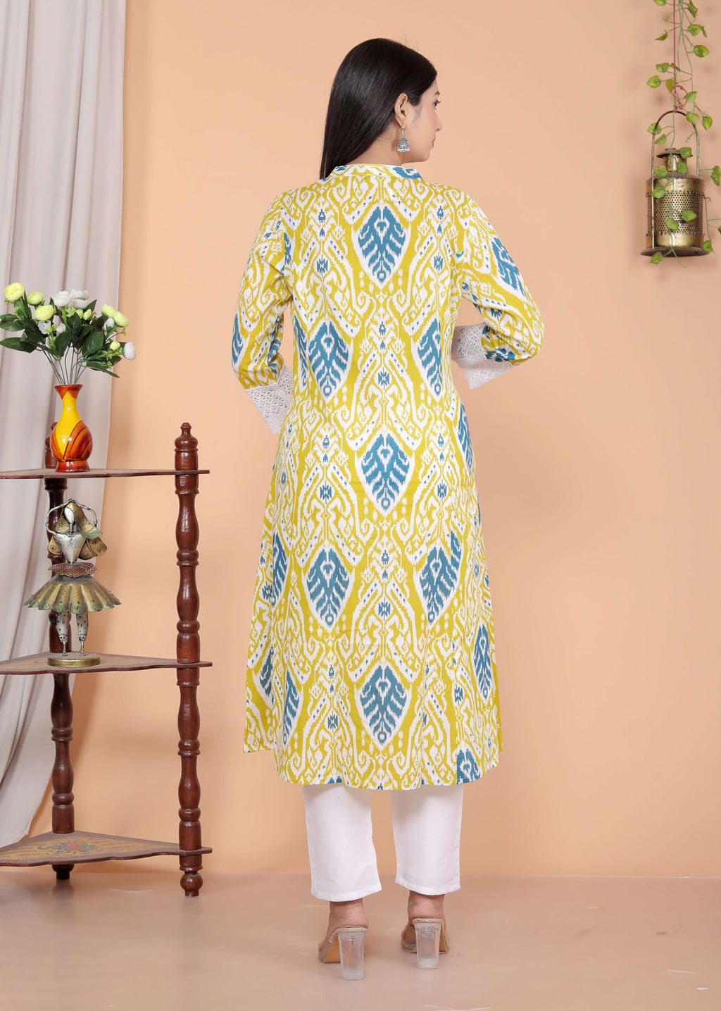 Women's Cotton Printed Mandarin Collar A-Line Kurti with Pant (Lemon) (BLACKLUXE CRAFTS) - BLACKLUXECRAFTS