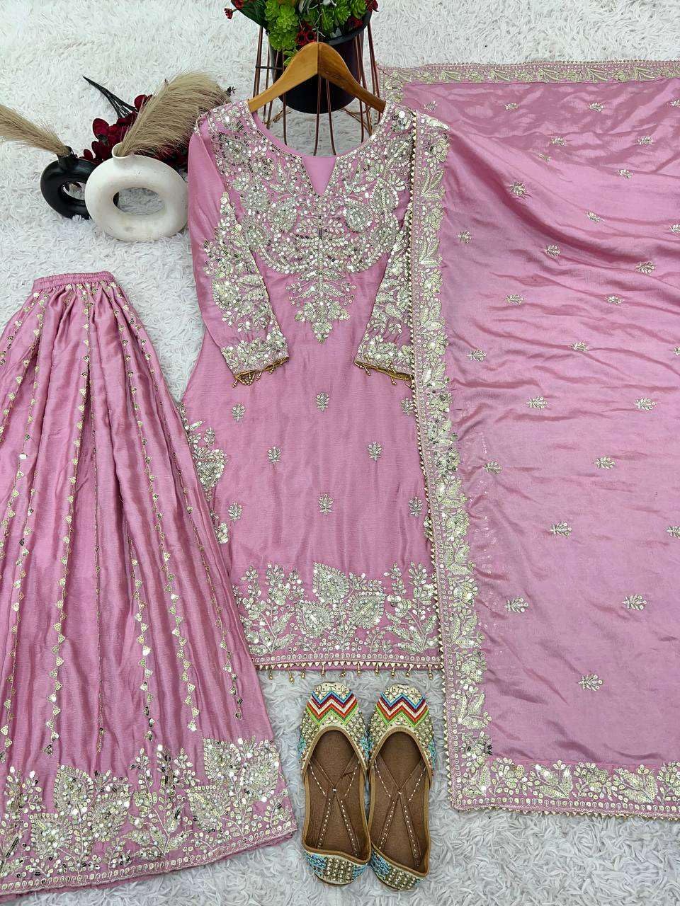 Women's Chinon Silk Embroidered Kurti With Sharara & Dupatta Set with Rivet Moti Work (BLACKLUXE CRAFTS) - BLACKLUXECRAFTS