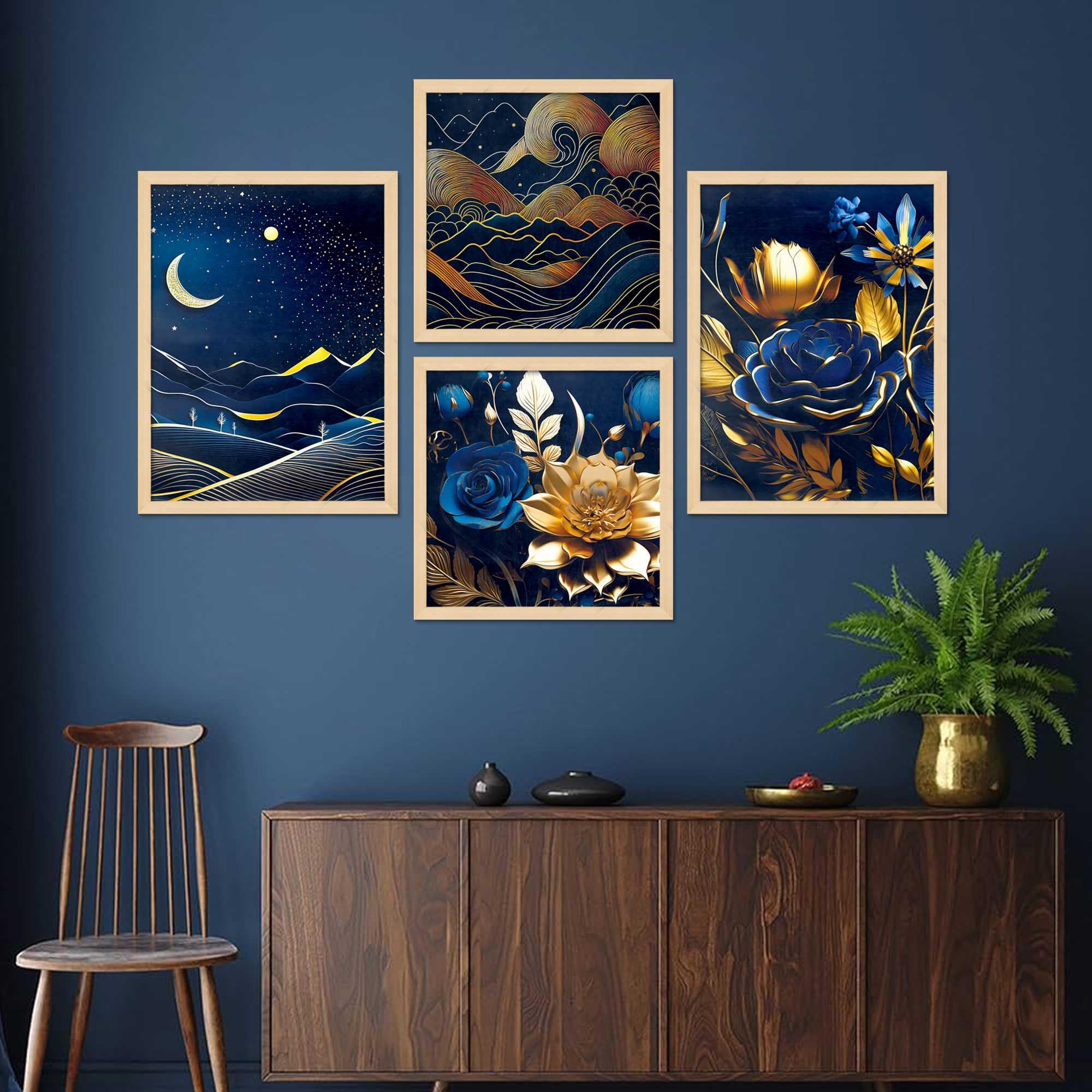 Luxury Blue & Gold Wall Art Set of 4 | Moonlight Landscape & Floral Canvas Prints | Modern Framed Artwork for Living Room, Bedroom & Office Decor
( 36X24 Inches ) (BLACKLUXE CRAFTS) - BLACKLUXECRAFTS