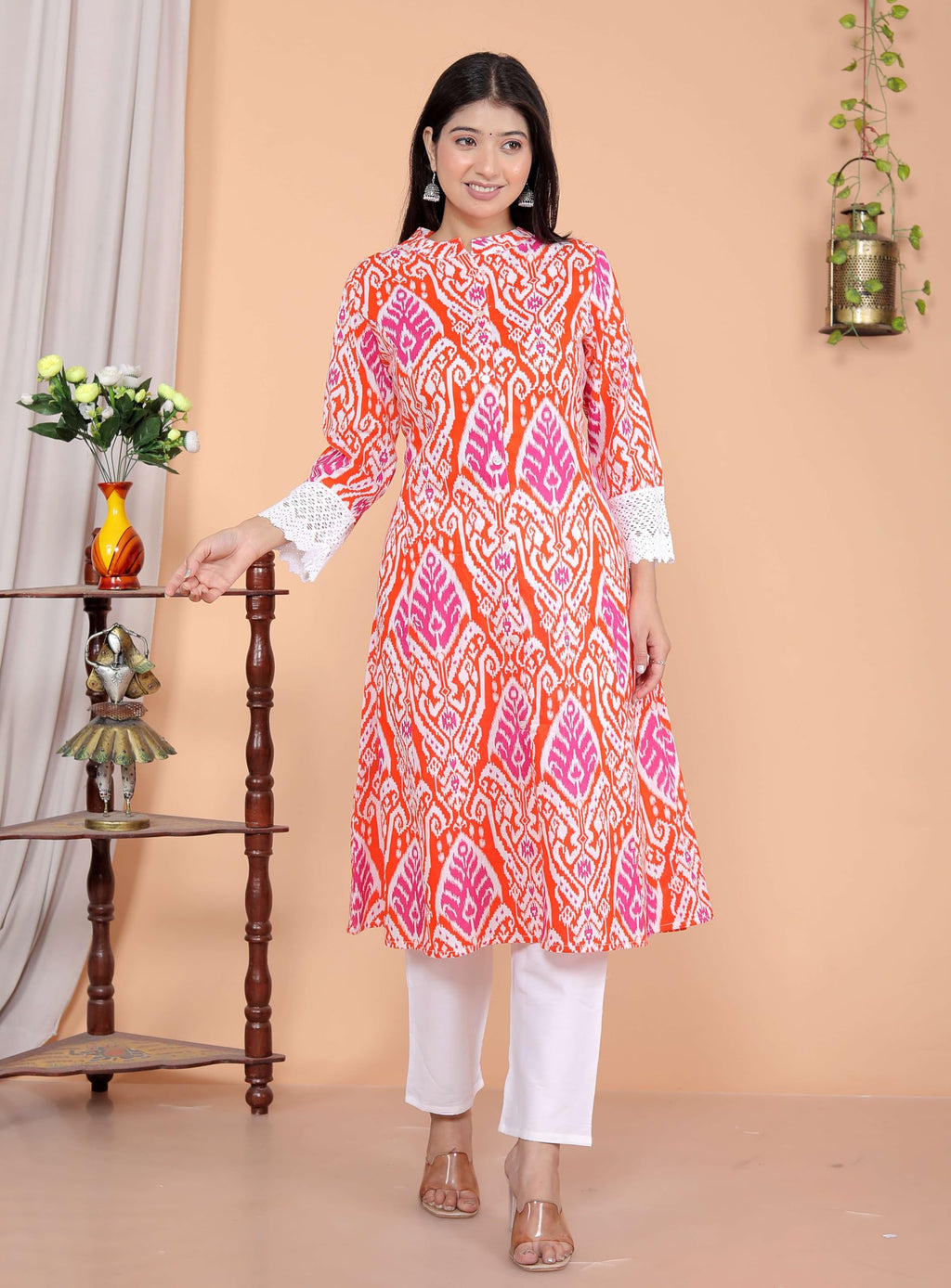 Women's Cotton Printed Mandarin Collar A-Line Kurti with Pant (Orange) (BLACKLUXE CRAFTS) - BLACKLUXECRAFTS