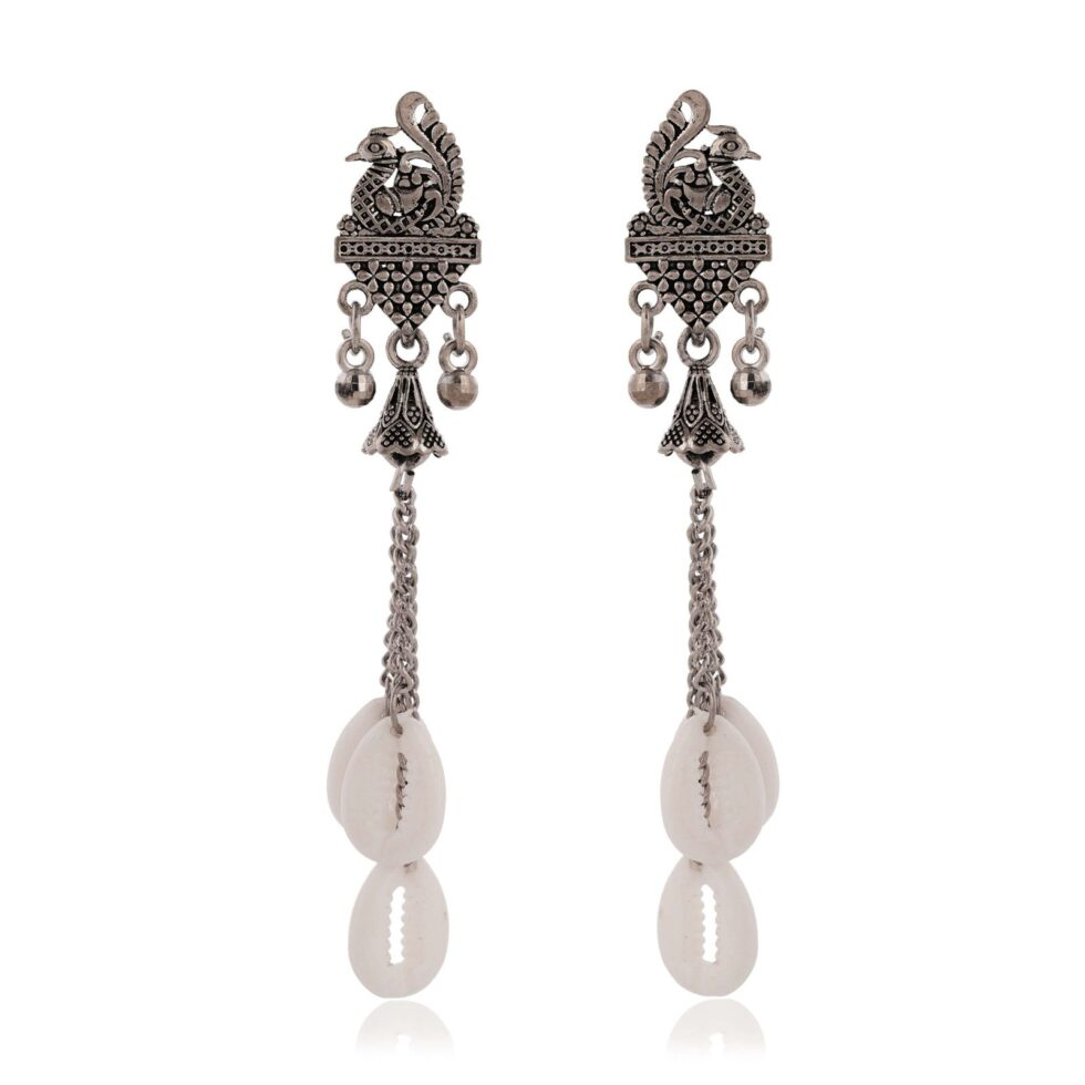 Handmade Oxidized Silver Peacock Earrings with Cowrie Shells Boho Ethnic Jewelry for Women (BLACKLUXE CRAFTS) - BLACKLUXECRAFTS