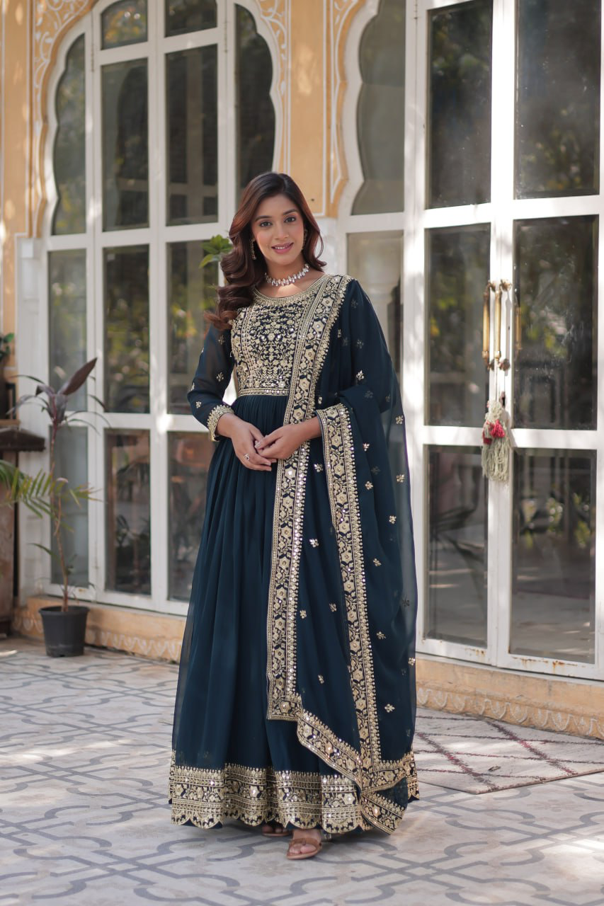 Handmade Teal Blue Anarkali Gown with Dupatta – Indian Ethnic Party Wear Dress for Women | Designer Wedding & Festive Outfit (BLACKLUXE CRAFTS)