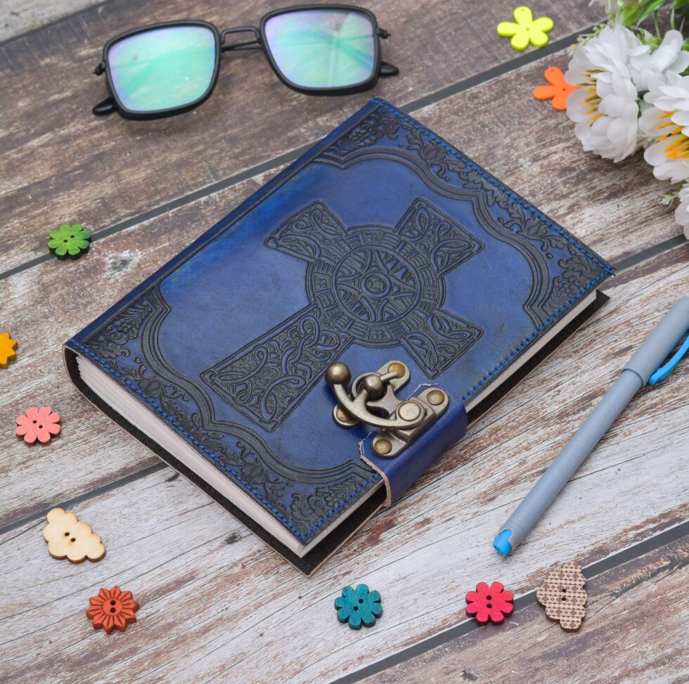 Handmade Blue Leather Journal with Celtic Cross Embossing – Vintage Lock Diary for Writing & Gifting (BLACKLUXE CRAFTS) - BLACKLUXECRAFTS