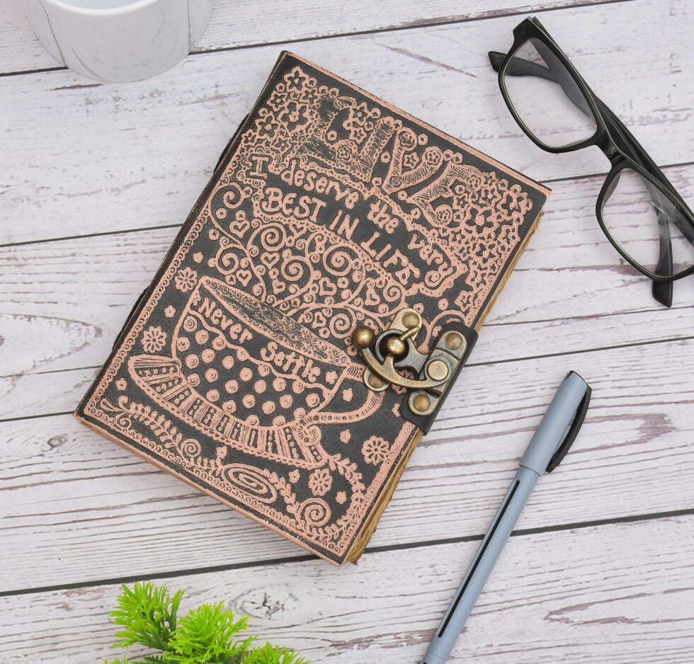 Vintage Leather Notebook with Lock | Motivational Quote Journal Diary “Never Settle – Best in Life” | Inspirational Writing Gift (BLACKLUXE CRAFTS) - BLACKLUXECRAFTS