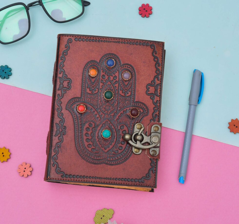 Hamsa Hand Leather Journal – Handmade Notebook with 7 Chakra Stones & Vintage Lock | Spiritual Boho Diary, Wiccan Grimoire, Reiki Gift (BLACKLUXE CRAFTS) - BLACKLUXECRAFTS