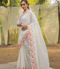Handmade White Linen Saree with Pink Floral Embroidery | Pure Indian Ethnic Saree | Wedding, Party & Festive Wear | Artisan Crafted Saree from India (BLACKLUXE CRAFTS)