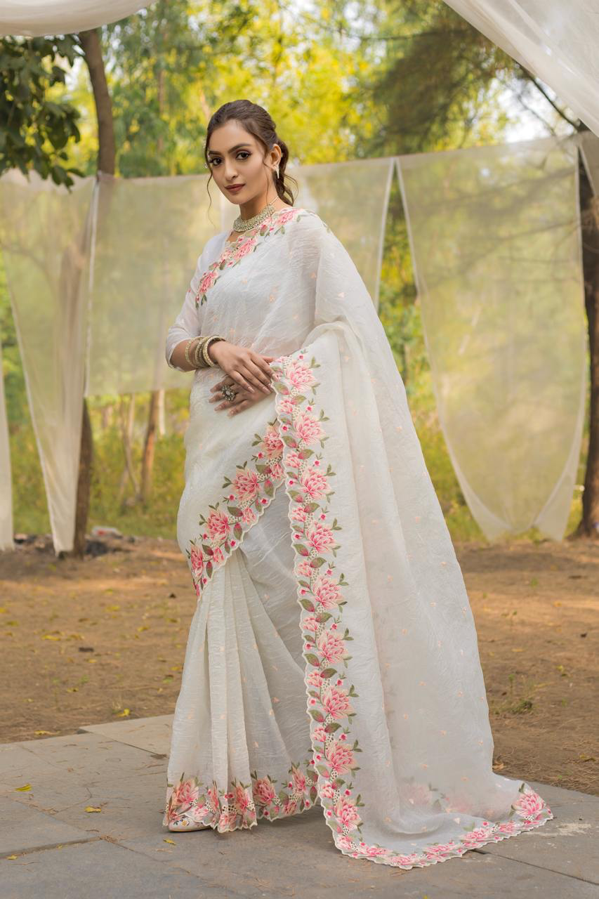 Handmade White Linen Saree with Pink Floral Embroidery | Pure Indian Ethnic Saree | Wedding, Party & Festive Wear | Artisan Crafted Saree from India (BLACKLUXE CRAFTS)