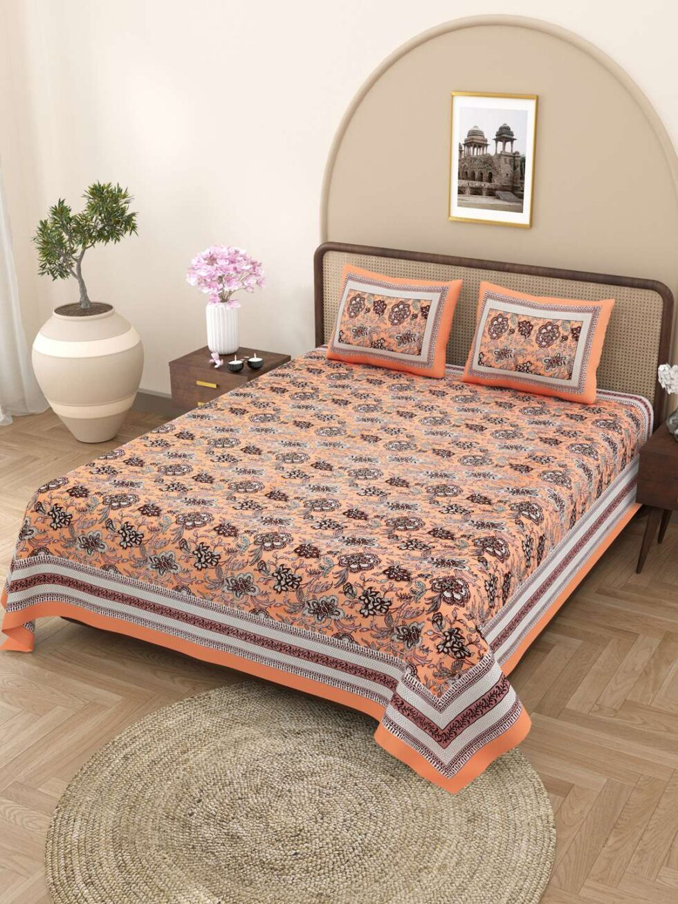 Handmade Peach Floral Cotton Bedsheet with Pillow Covers – Indian Block Print King Size Bedspread (BLACKLUXE CRAFTS) - BLACKLUXECRAFTS