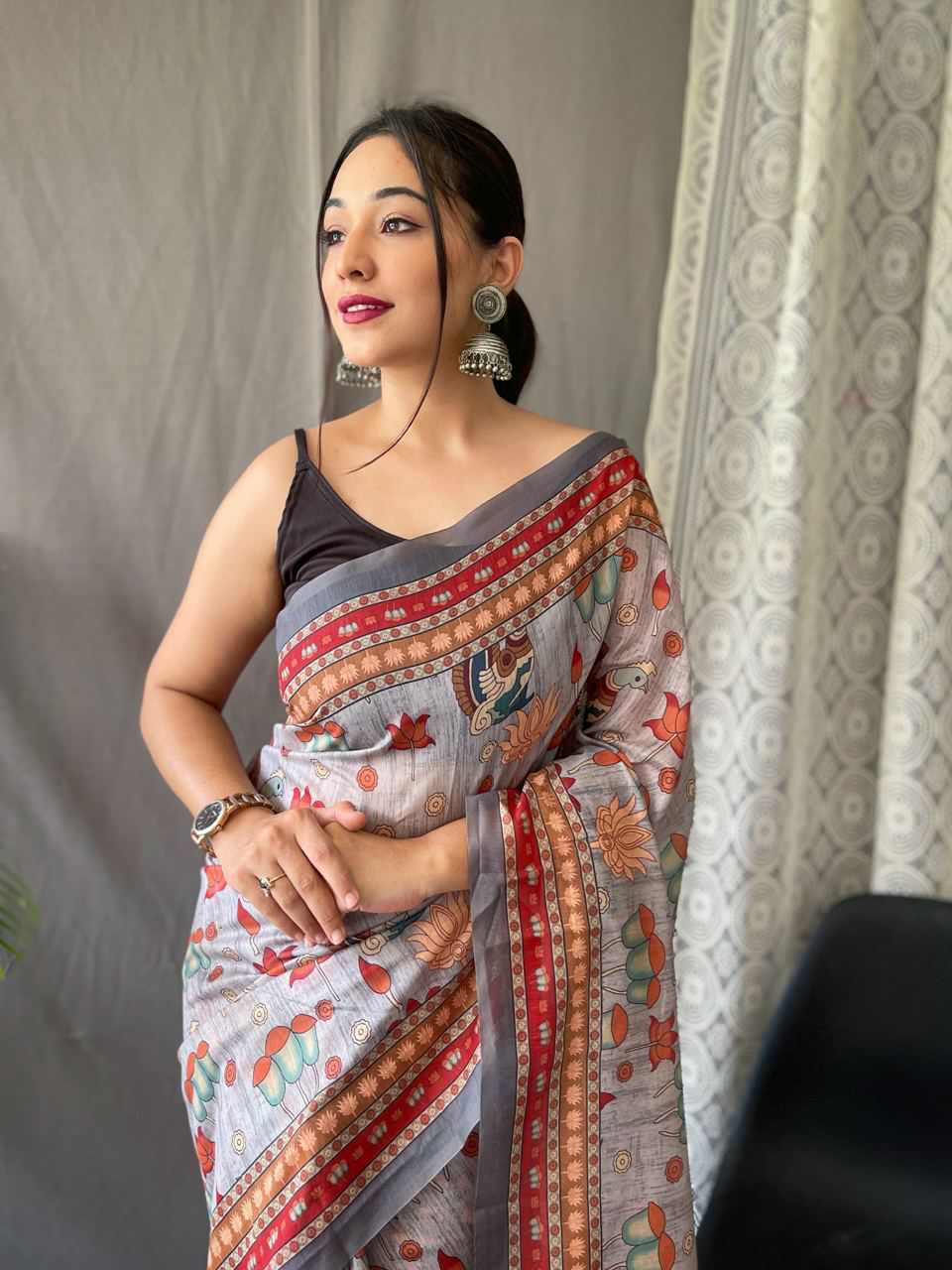 Handmade Grey Indian Saree – Traditional Block Print Cotton Silk Sari with Ethnic Motifs | Artisan Crafted Sustainable Fashion from India (BLACKLUXE CRAFTS)