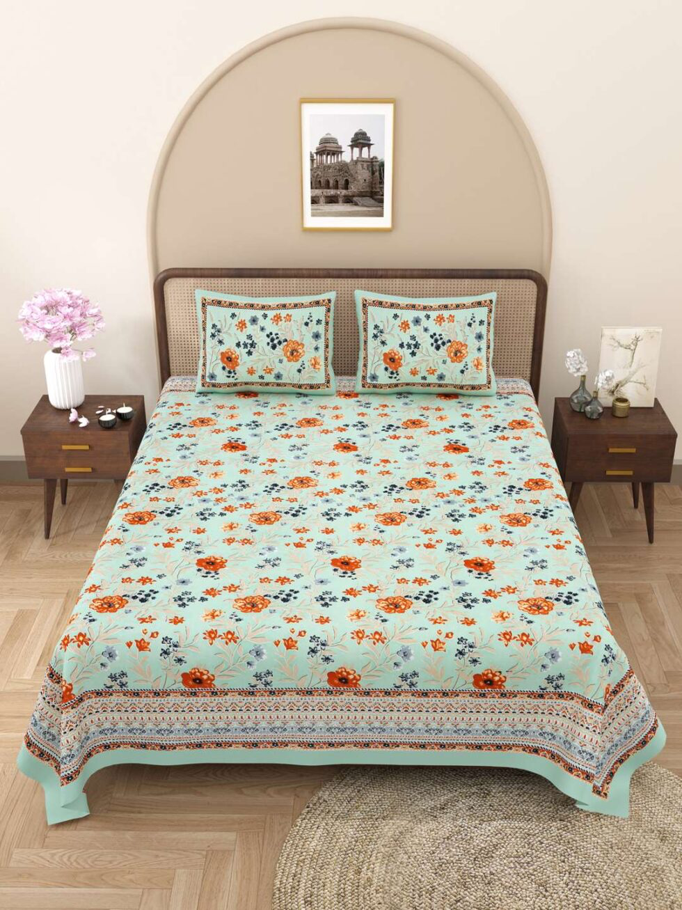 Handmade Indian Cotton Bedsheet with Pillow Covers – Aqua Green Floral Block Print King Size Bedspread – Ethnic Jaipuri Home Décor (BLACKLUXE CRAFTS) - BLACKLUXECRAFTS