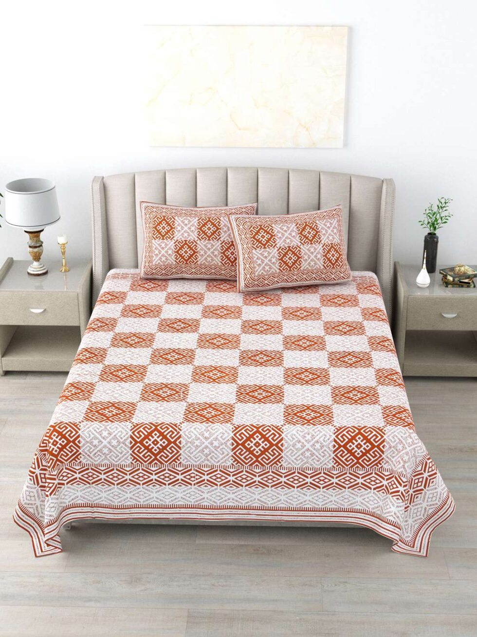 Handmade Cotton Block Print Bed Sheet with Pillow Covers – Rust & White Geometric Jaipuri King Size Bedsheet – Ethnic Indian Bedding Set (BLACKLUXE CRAFTS) - BLACKLUXECRAFTS