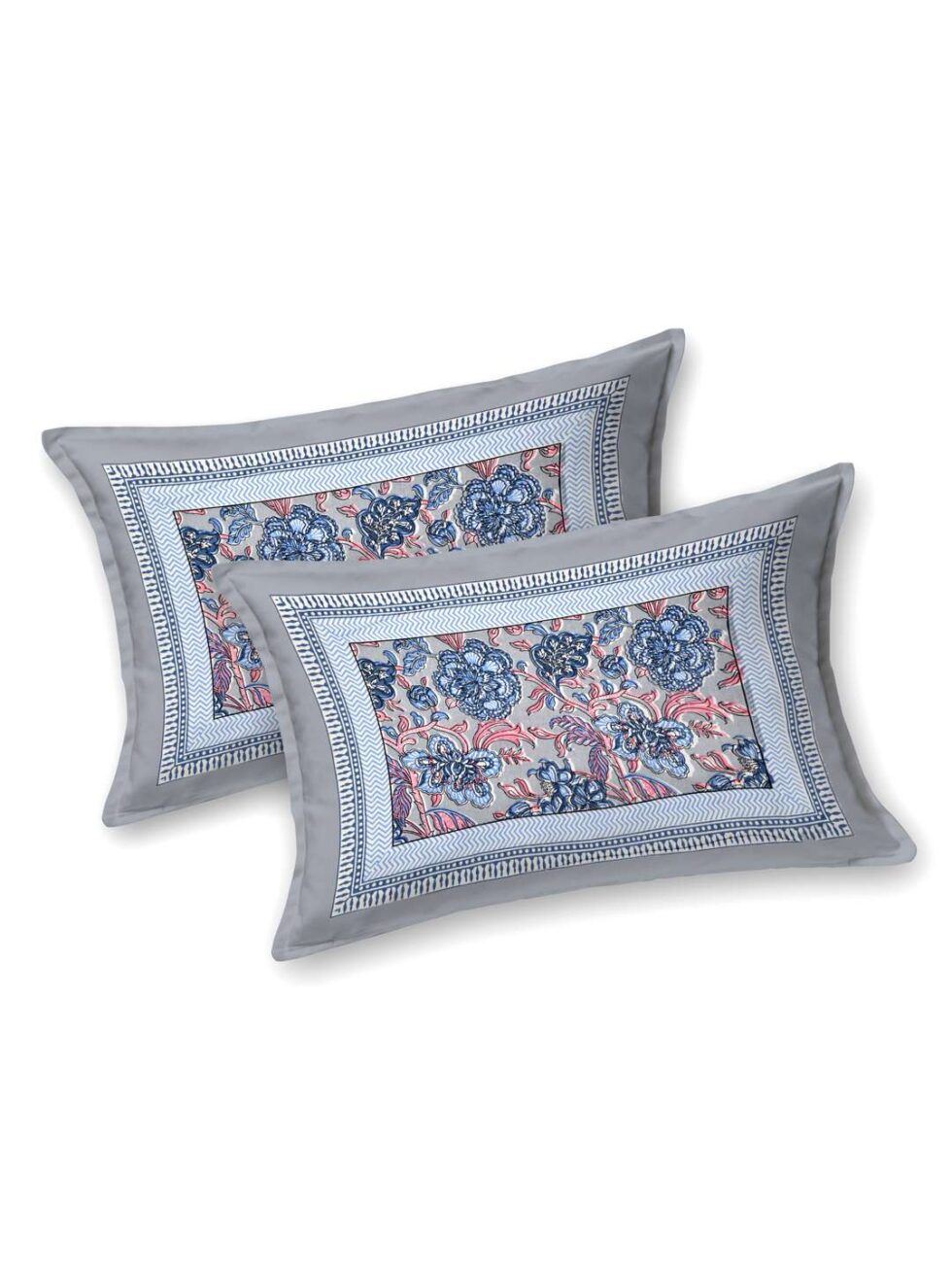 Handmade Cotton Floral Block Print Bed Sheet Set with Pillow Covers – King Size Indian Jaipuri Bedsheet – Grey Blue Traditional Handcrafted Bedding (BLACKLUXE CRAFTS) - BLACKLUXECRAFTS