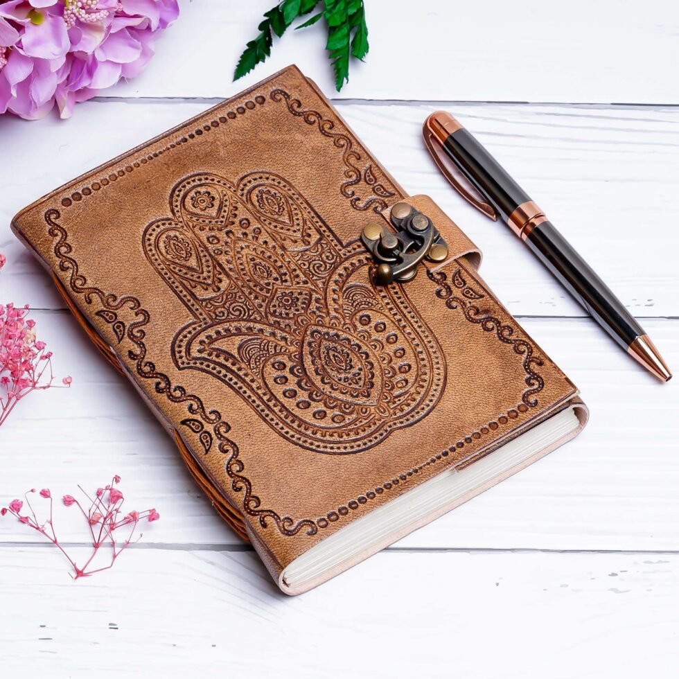 Handmade Leather Journal – Hamsa Hand Embossed Notebook, Vintage Writing Diary, Spiritual Sketchbook & Gift (BLACKLUXE CRAFTS) - BLACKLUXECRAFTS