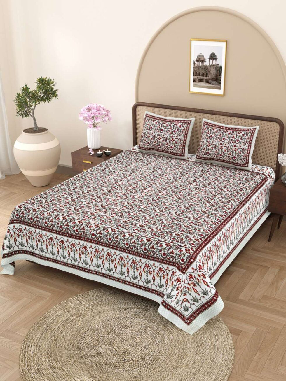 Handmade Cotton Bedsheet Set with Pillow Covers – Traditional Floral Block Print | King Size Bedspread | Ethically Made in India (BLACKLUXE CRAFTS) - BLACKLUXECRAFTS