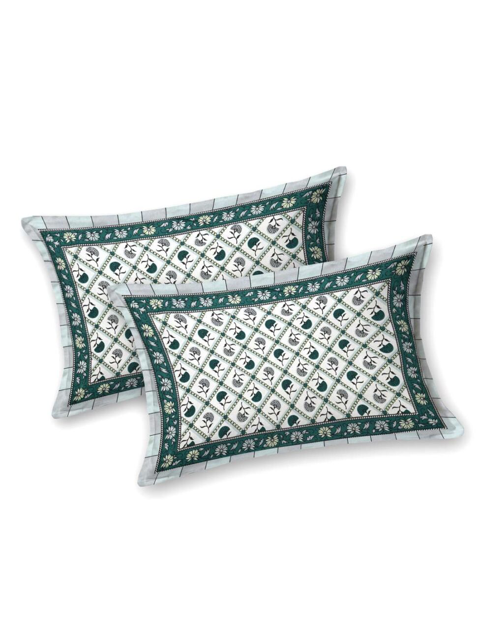 Handmade Cotton Double Bed Sheet with Pillow Covers – Green Floral Block Print | Indian Ethnic Bedding Set (BLACKLUXE CRAFTS) - BLACKLUXECRAFTS