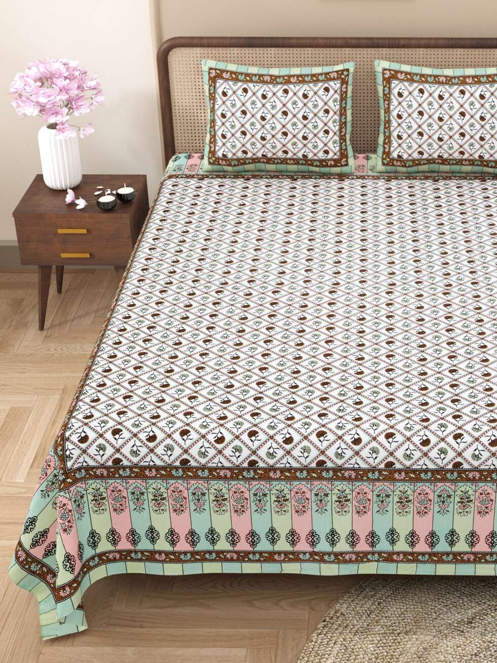 Handmade Cotton Bedsheet with Pillow Covers – Traditional Indian Block Print, Queen Size Bedspread, Soft & Breathable, Made in India (BLACKLUXE CRAFTS) - BLACKLUXECRAFTS