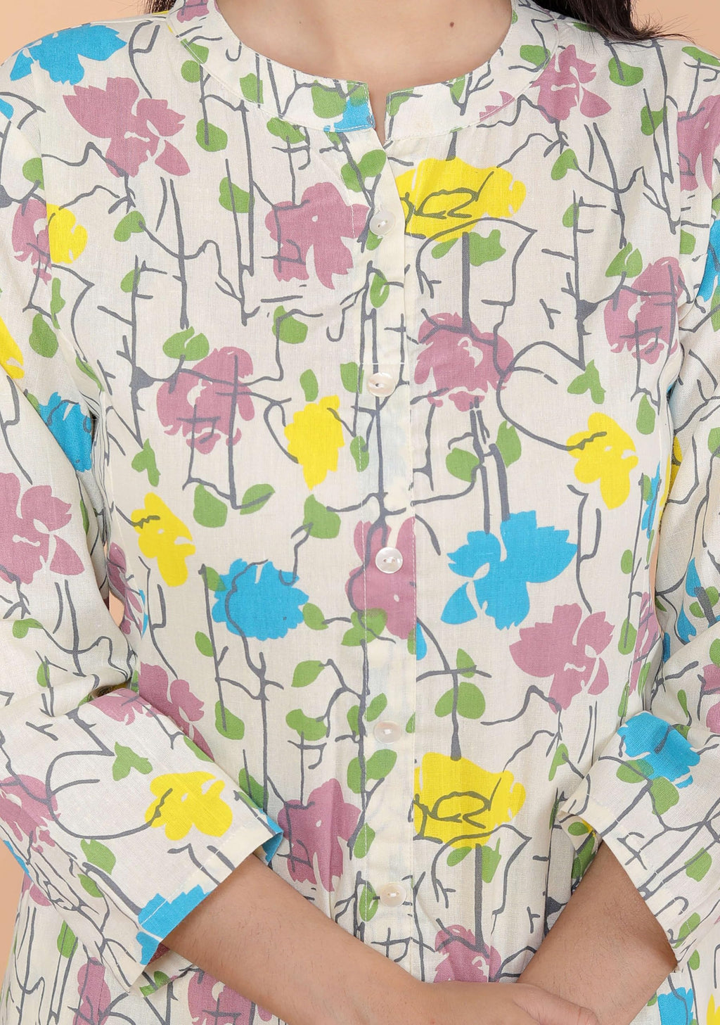 Women's Cotton Floral Printed Mandarin Collar A-Line Kurti with Pant (Cream)(BLACKLUXE CRAFTS) - BLACKLUXECRAFTS