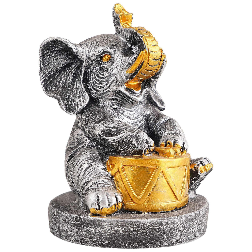 Silver Elephant Drummer Figurine – Handcrafted Resin Elephant Playing Drum Statue for Home Décor & Spiritual Gift (BLACKLUXE CRAFTS) - BLACKLUXECRAFTS