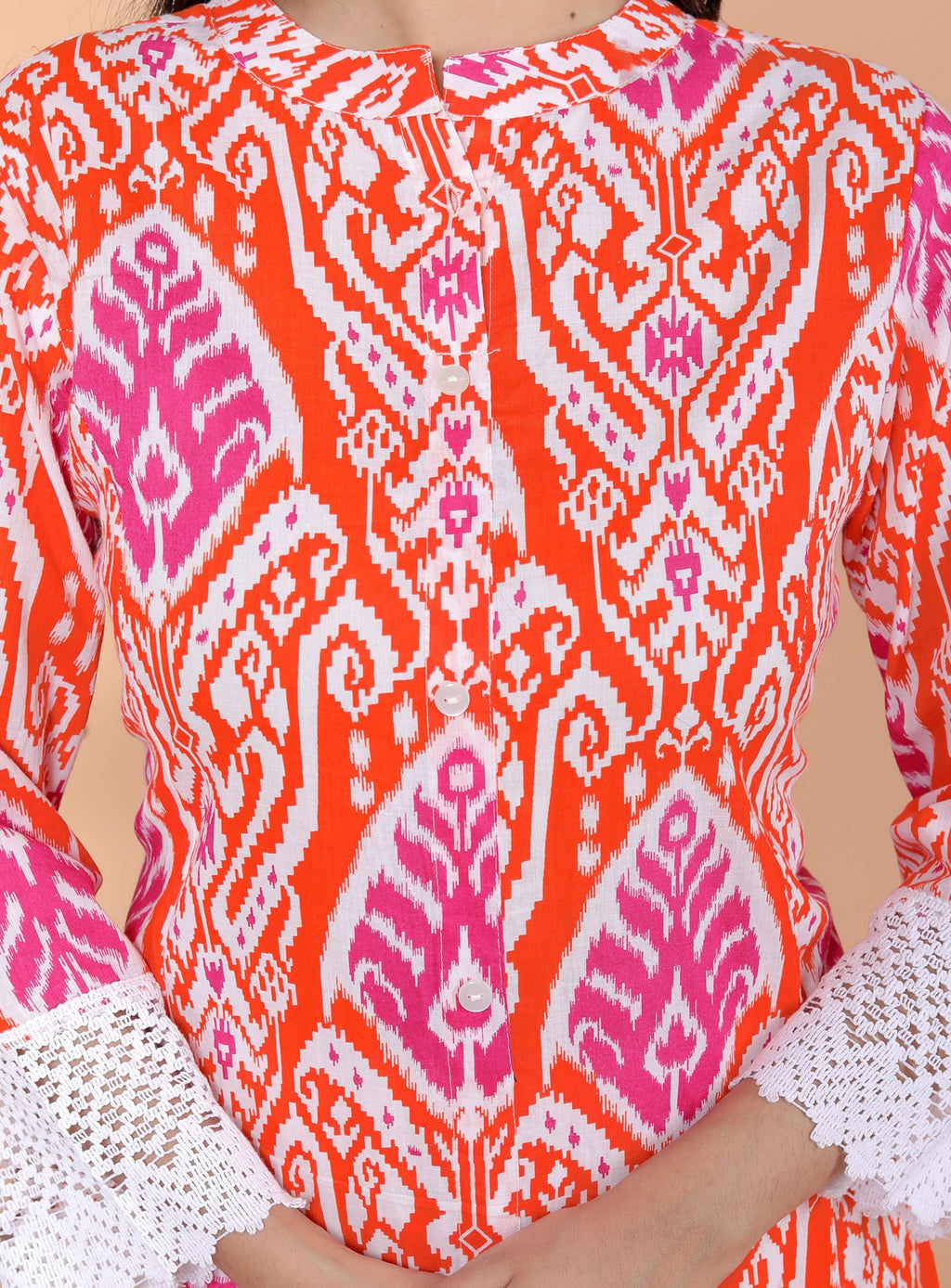 Women's Cotton Printed Mandarin Collar A-Line Kurti with Pant (Orange) (BLACKLUXE CRAFTS) - BLACKLUXECRAFTS