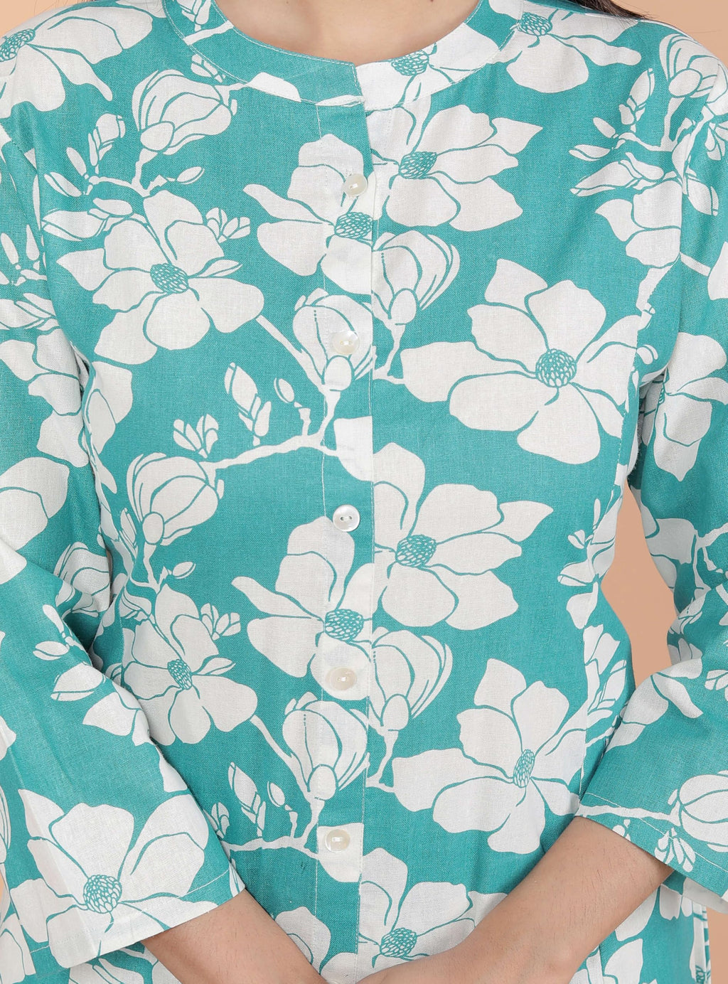 Women's Cotton Floral Printed Mandarin Collar A-Line Kurti with Pant (Sky Blue) (BLACKLUXE CRAFTS) - BLACKLUXECRAFTS