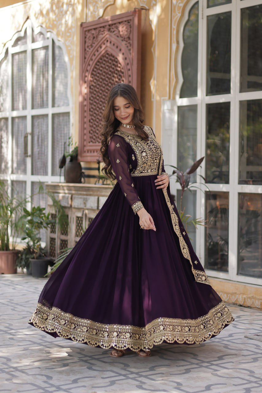 Handmade Purple Anarkali Gown with Heavy Golden Embroidery & Dupatta | Indian Ethnic Party Wear Dress | Artisan Crafted Outfit from India (BLACKLUXE CRAFTS)
