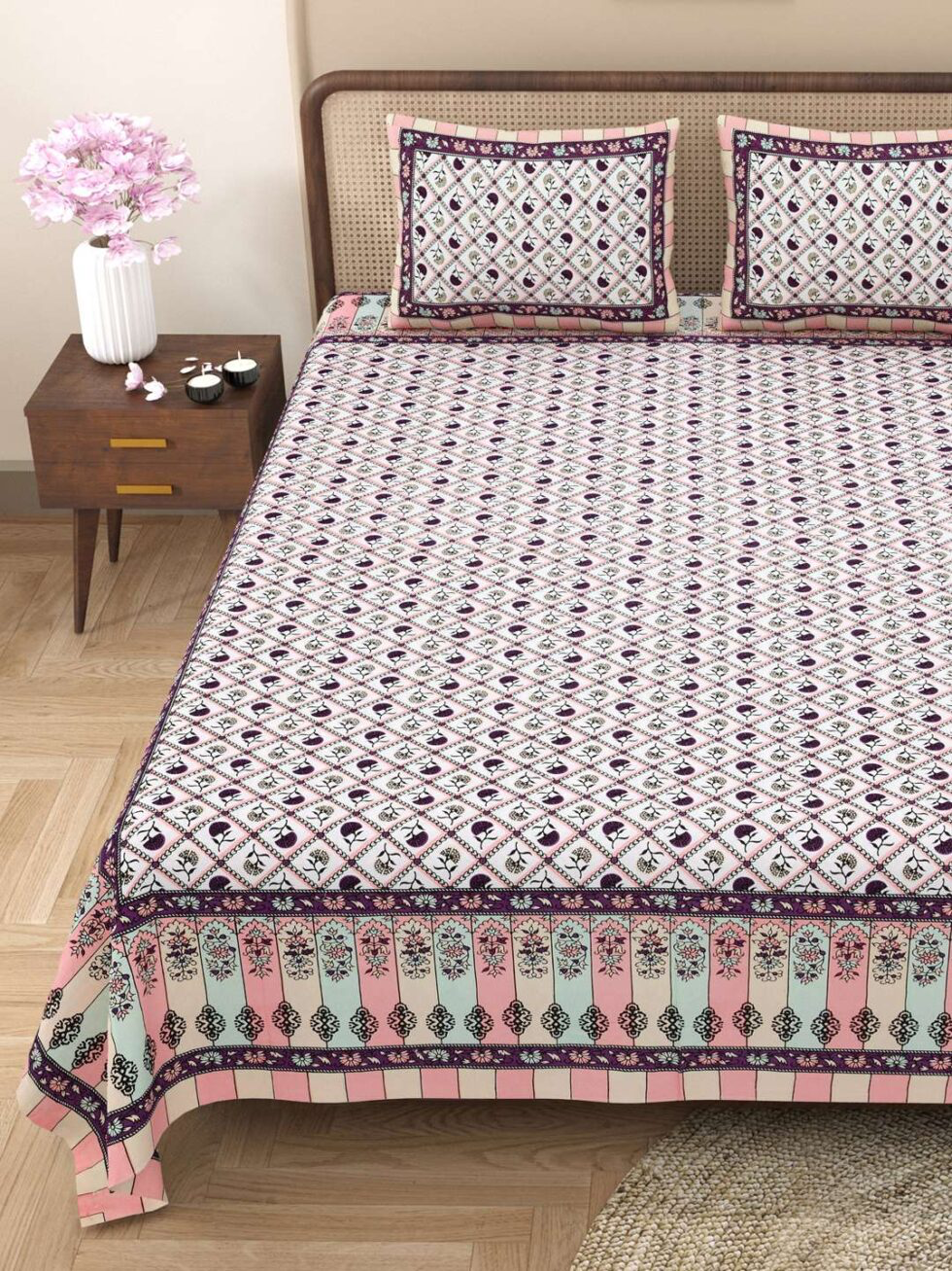 Handmade Cotton Double Bed Sheet with Pillow Covers – Pink & Purple Floral Jaipuri Block Print | Ethnic Indian Bedding (BLACKLUXE CRAFTS) - BLACKLUXECRAFTS