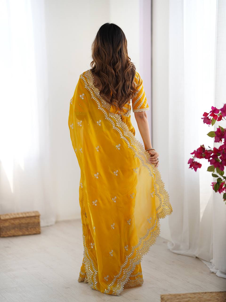 Handmade Yellow Georgette Saree with Intricate Embroidery | Indian Ethnic Designer Sari for Wedding & Party Wear – Made in India (BLACKLUXE CRAFTS)