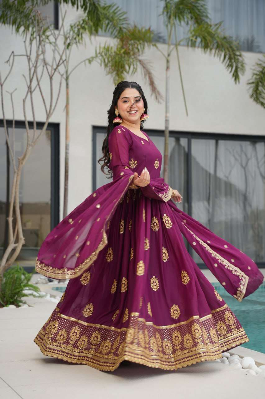 Handmade Purple Anarkali Gown with Dupatta | Indian Embroidered Ethnic Dress | Wedding & Party Wear Outfit for Women (BLACKLUXE CRAFTS)