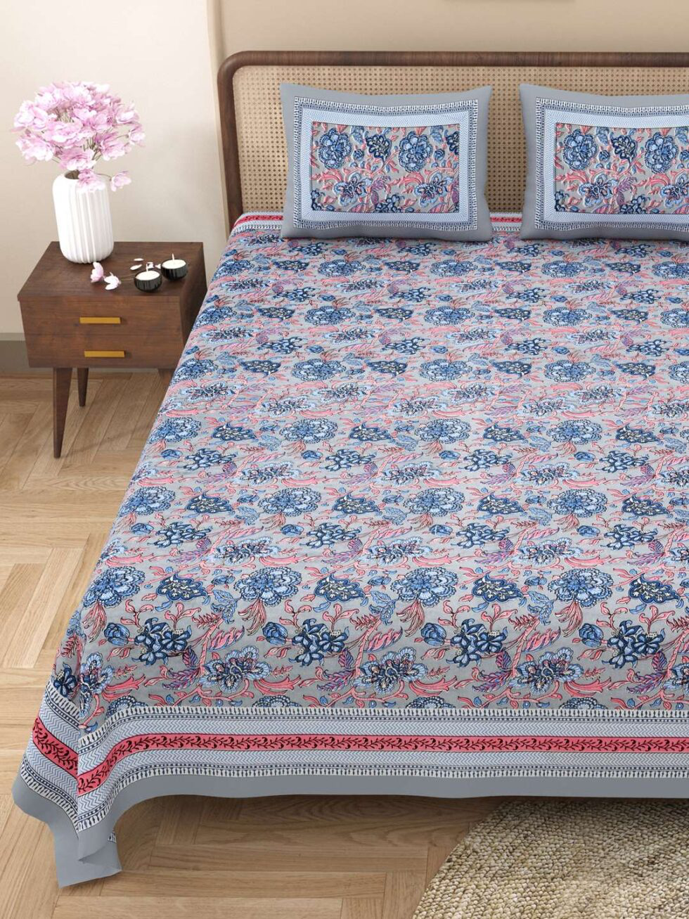 Handmade Cotton Floral Block Print Bed Sheet Set with Pillow Covers – King Size Indian Jaipuri Bedsheet – Grey Blue Traditional Handcrafted Bedding (BLACKLUXE CRAFTS) - BLACKLUXECRAFTS