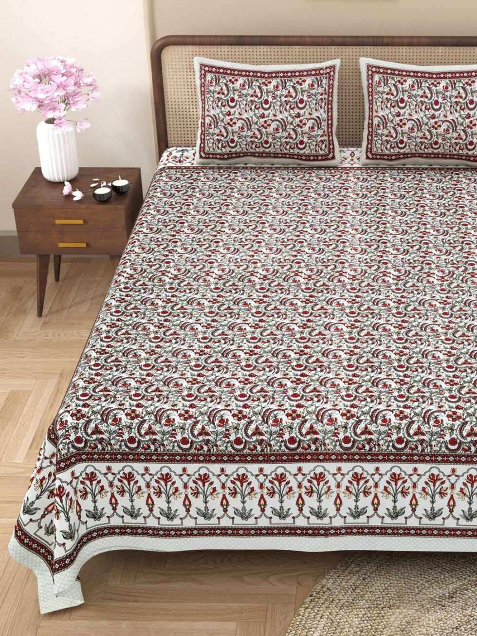 Handmade Cotton Bedsheet Set with Pillow Covers – Traditional Floral Block Print | King Size Bedspread | Ethically Made in India (BLACKLUXE CRAFTS) - BLACKLUXECRAFTS