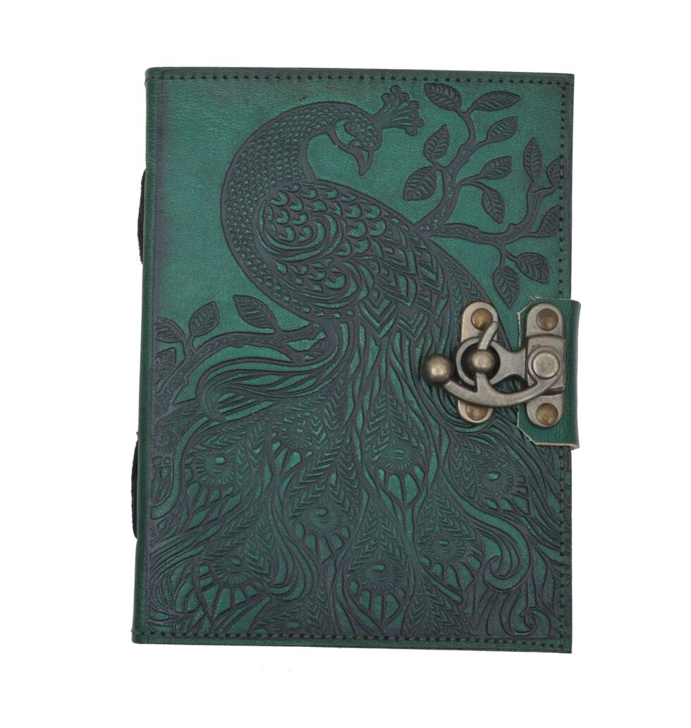 Handmade Green Leather Journal with Peacock Embossing – Vintage Lock Diary for Writing, Sketching & Gifting (BLACKLUXE CRAFTS) - BLACKLUXECRAFTS