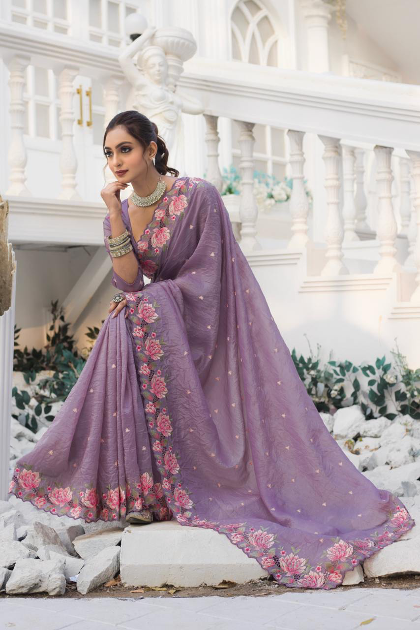 Handmade Lavender Organza Saree with Pink Floral Embroidery | Ethnic Indian Wedding Saree | Lightweight Party Wear Saree for Women (BLACKLUXE CRAFTS)