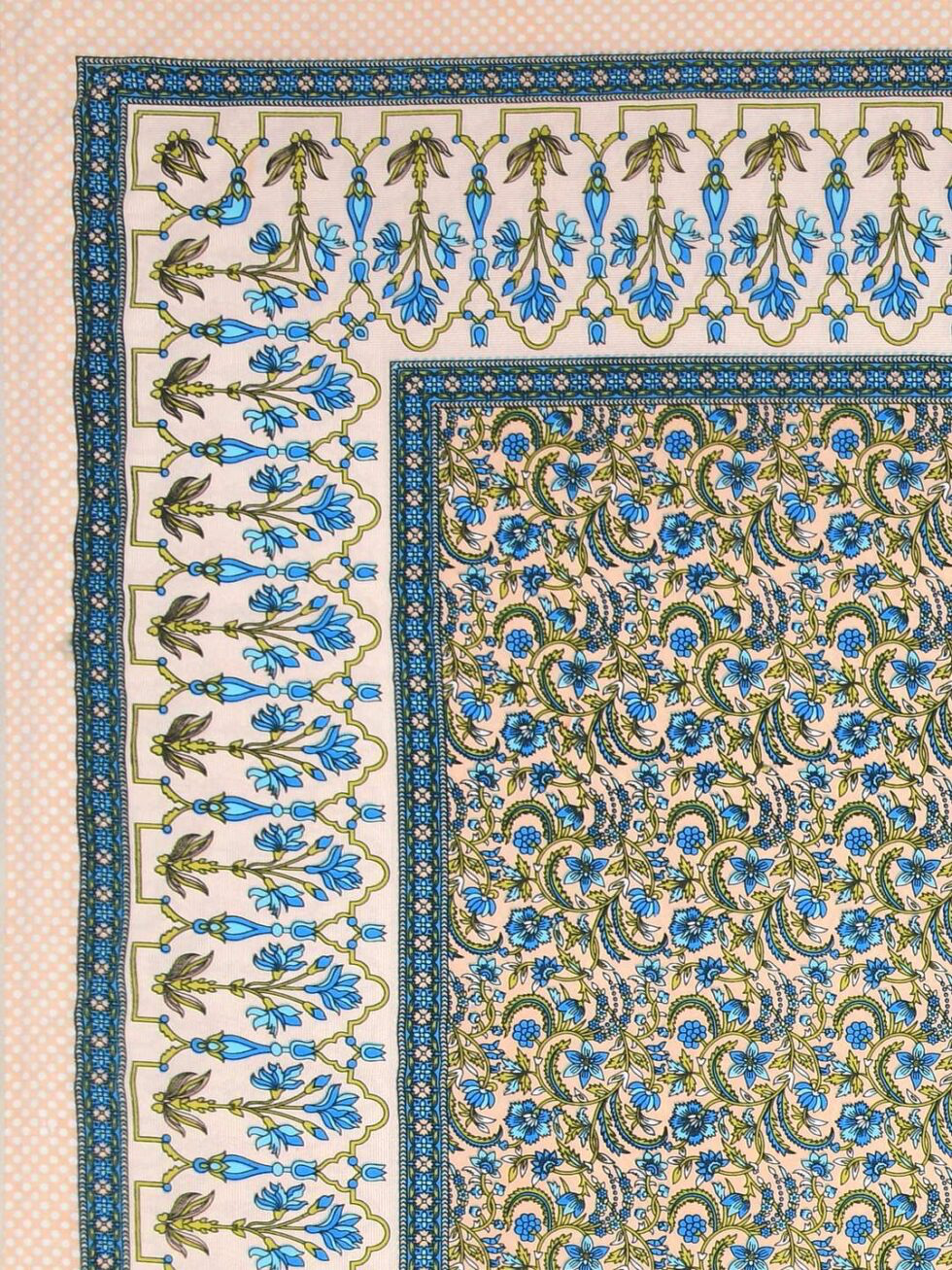 Handmade Cotton Bedsheet with Pillow Covers – Traditional Indian Floral Block Print, King Size Bedspread – Blue & Yellow Ethnic Bedding (BLACKLUXE CRAFTS) - BLACKLUXECRAFTS