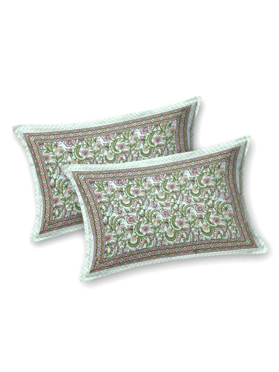 Handmade Cotton Floral Bedsheet with Pillow Covers – Green Pink Block Print King Size Bedspread | Indian Handcrafted Bedding (BLACKLUXE CRAFTS) - BLACKLUXECRAFTS