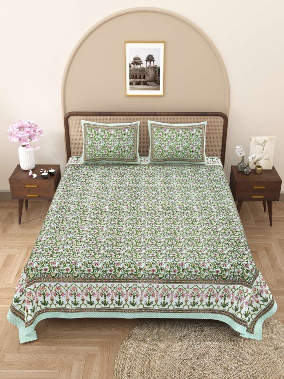 Handmade Cotton Floral Bedsheet with Pillow Covers – Green Pink Block Print King Size Bedspread | Indian Handcrafted Bedding (BLACKLUXE CRAFTS) - BLACKLUXECRAFTS