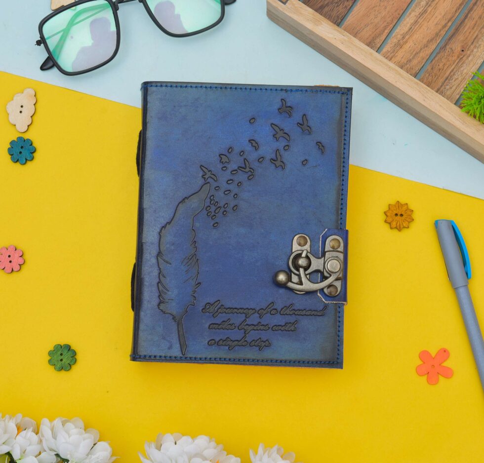 Blue Leather Journal with Feather & Birds – Inspirational Quote Notebook with Lock | Handmade Diary for Writing, Travel, Gifts & Students (BLACKLUXE CRAFTS) - BLACKLUXECRAFTS